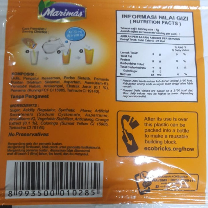 Ecobrickable Designator icon used on a Marimas brand packaged juice powder product | Indonesia