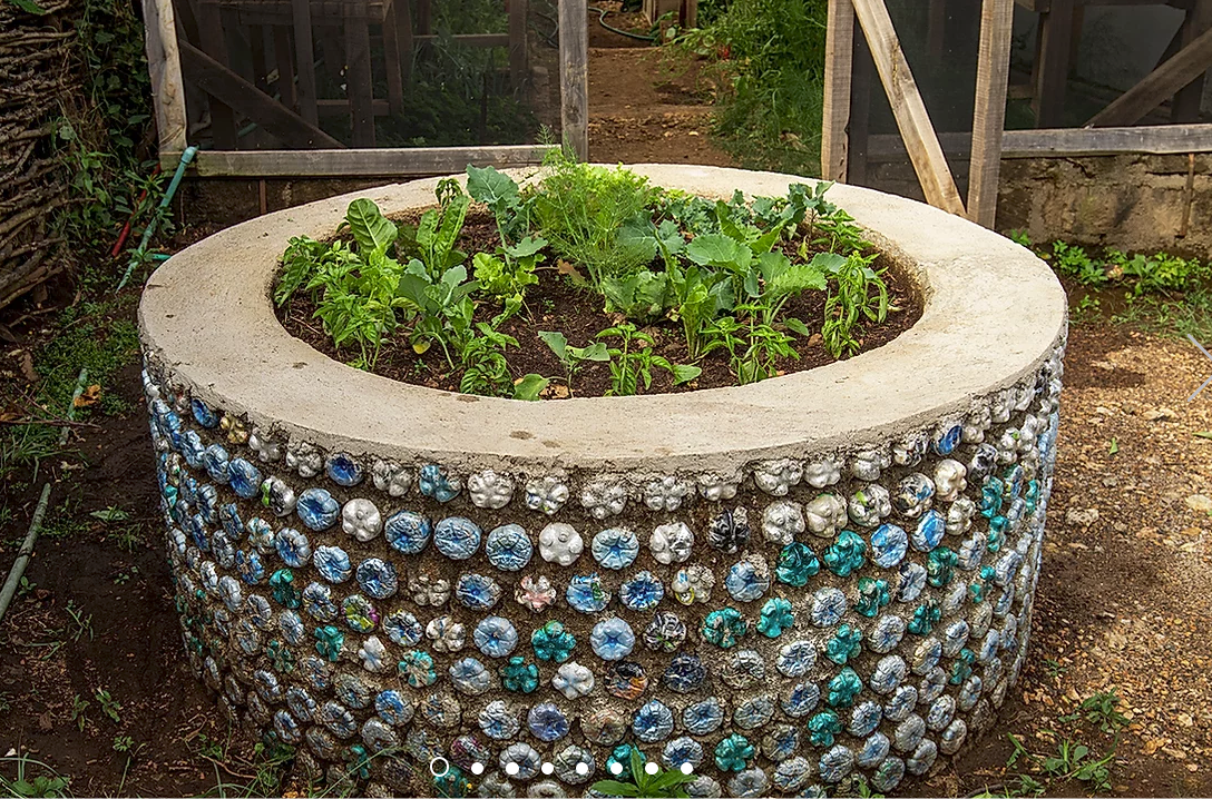 A circular ecobrick garden planter