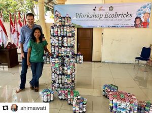 Senior GEA Trainers, Ani and Russell pose with a set of dieleman ecobrick lego modules at a city event in Cilacap, Central Java Indonesia.